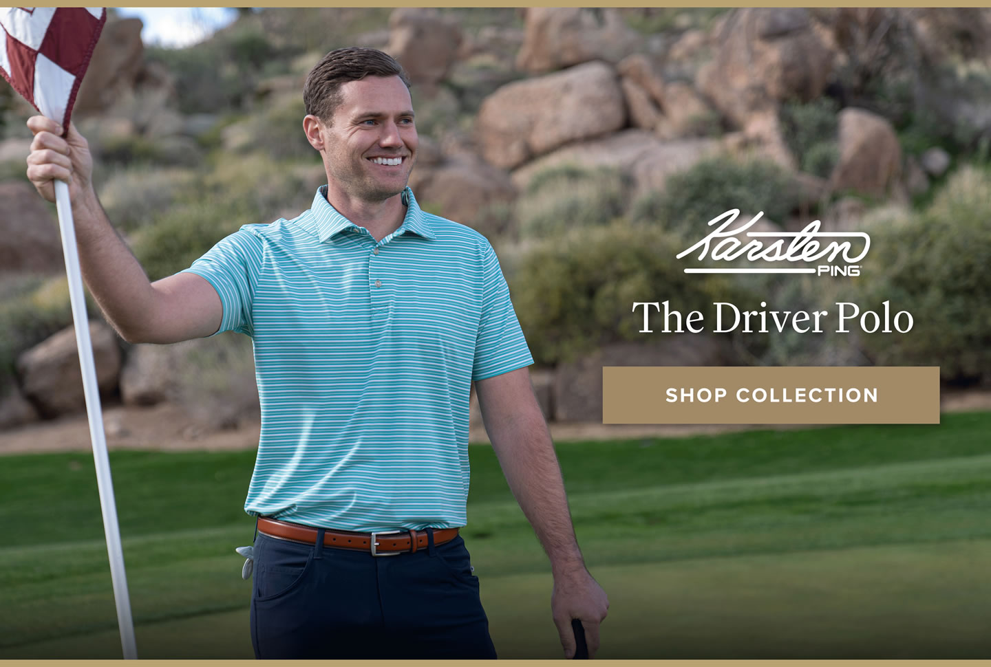 Man wearing Karsten Polo holding flagstick