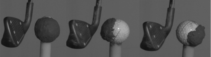 series of still-frames from high speed camera of iron prior to impact with ball caked with mud
